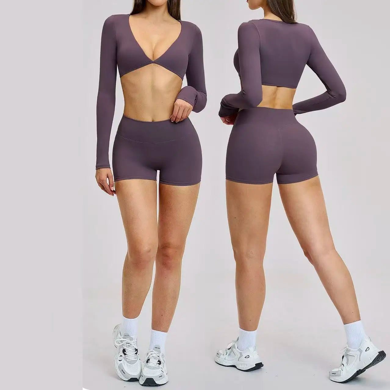 Conjunto Fitness Luna Prime 2 Peças – Top Manga Longa e Shorts Sculpt