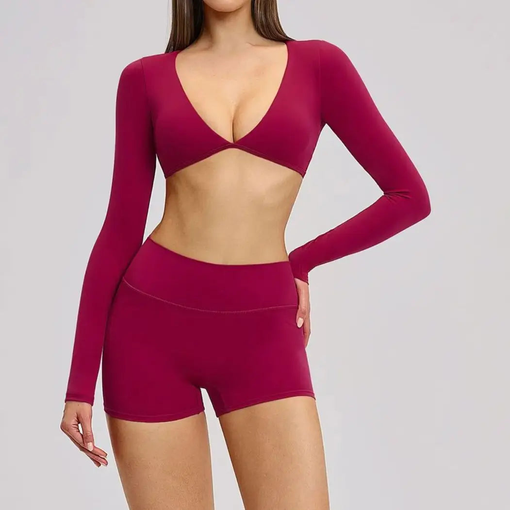 Conjunto Fitness Luna Prime 2 Peças – Top Manga Longa e Shorts Sculpt