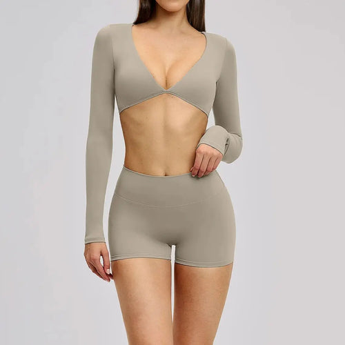 Conjunto Fitness Luna Prime 2 Peças – Top Manga Longa e Shorts Sculpt