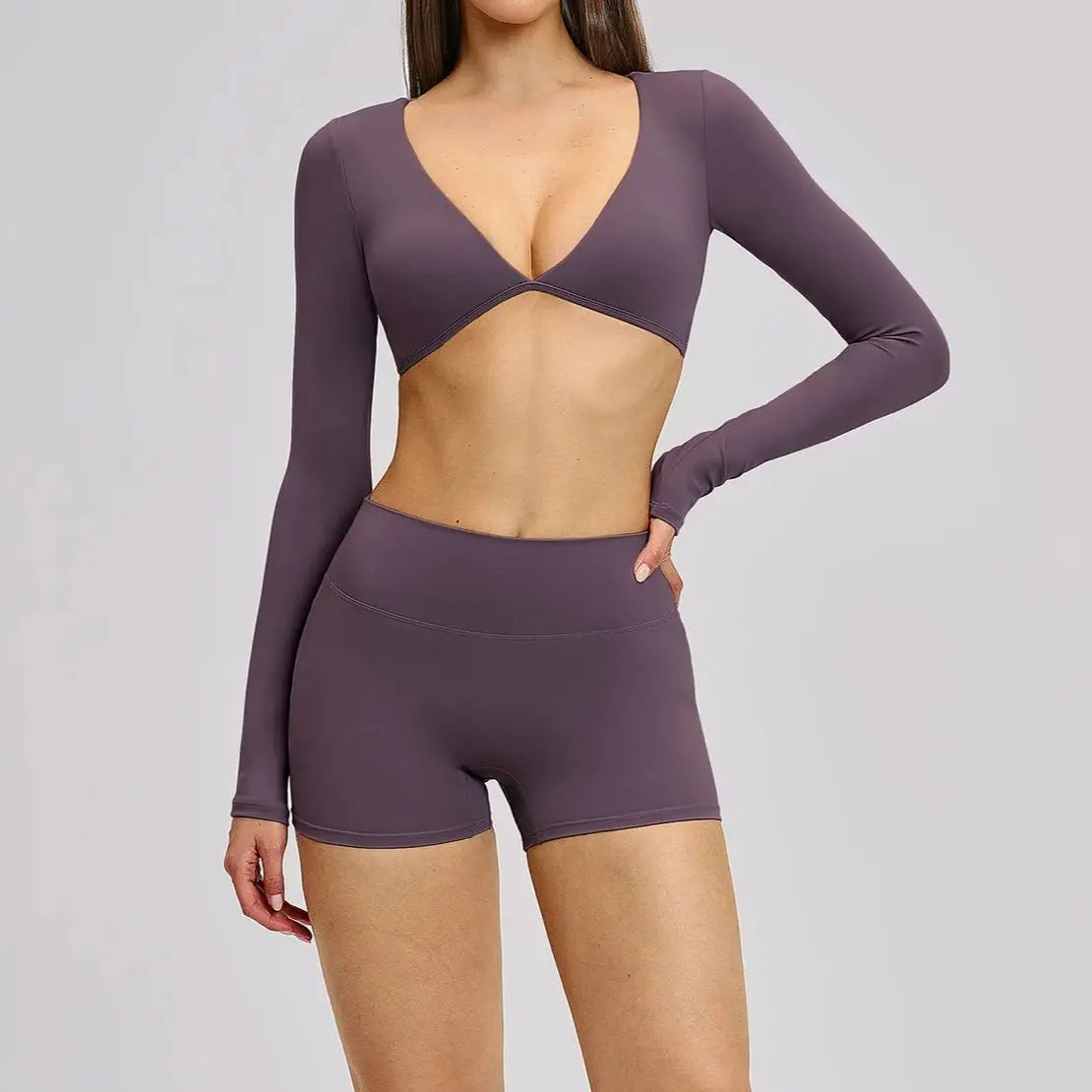 Conjunto Fitness Luna Prime 2 Peças – Top Manga Longa e Shorts Sculpt