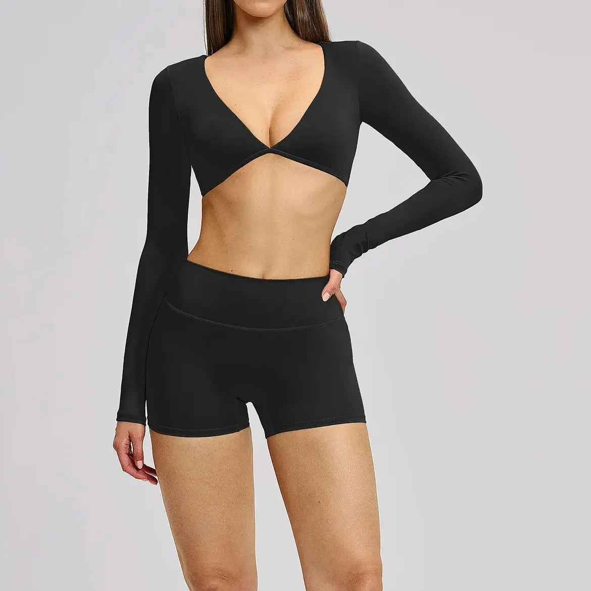 Conjunto Fitness Luna Prime 2 Peças – Top Manga Longa e Shorts Sculpt
